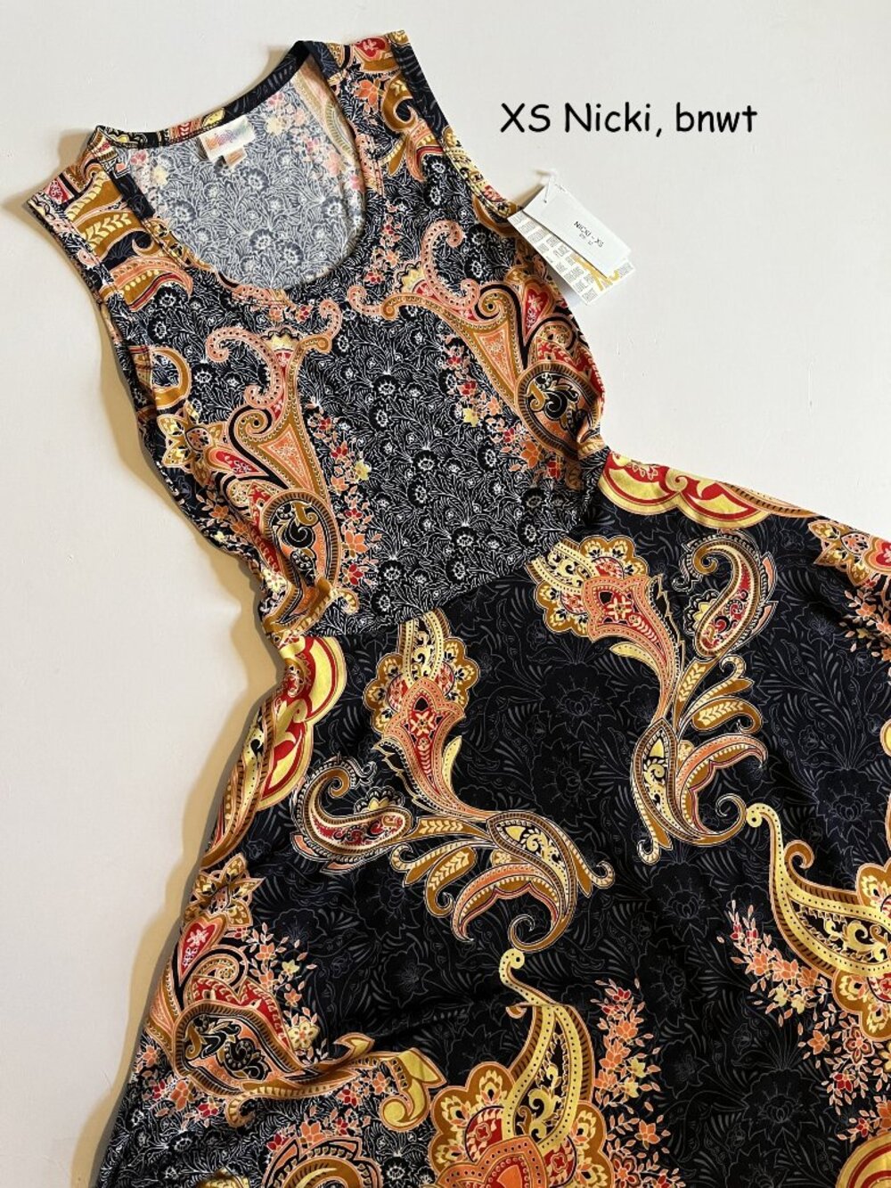 XS Lularoe Nicki sleeveless dress, navy with pink & orange paisleys
